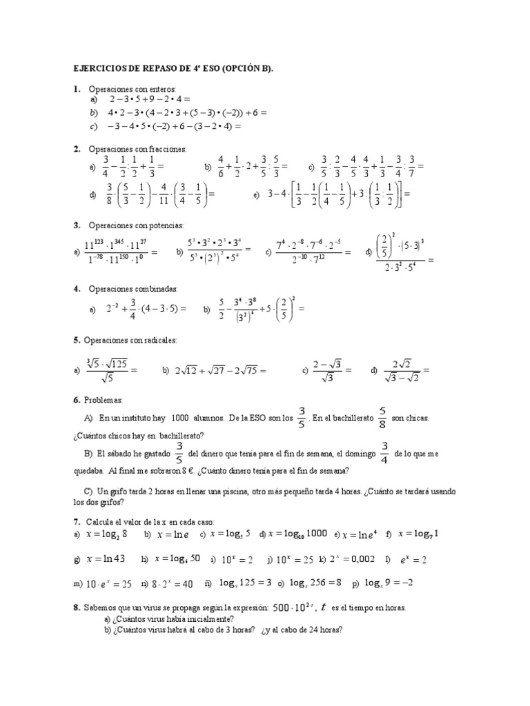 Ejercicios de repaso de Mates 4º ESO B