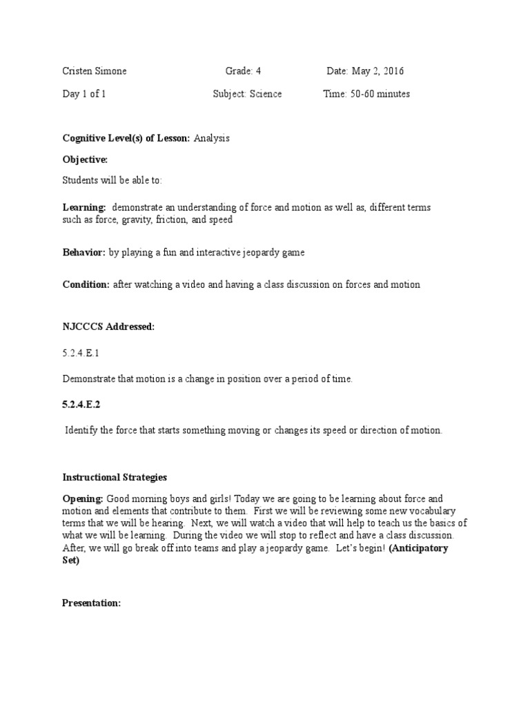Force and Motion Lesson Plan for 4th Grade | PDF | Force | Educational ...