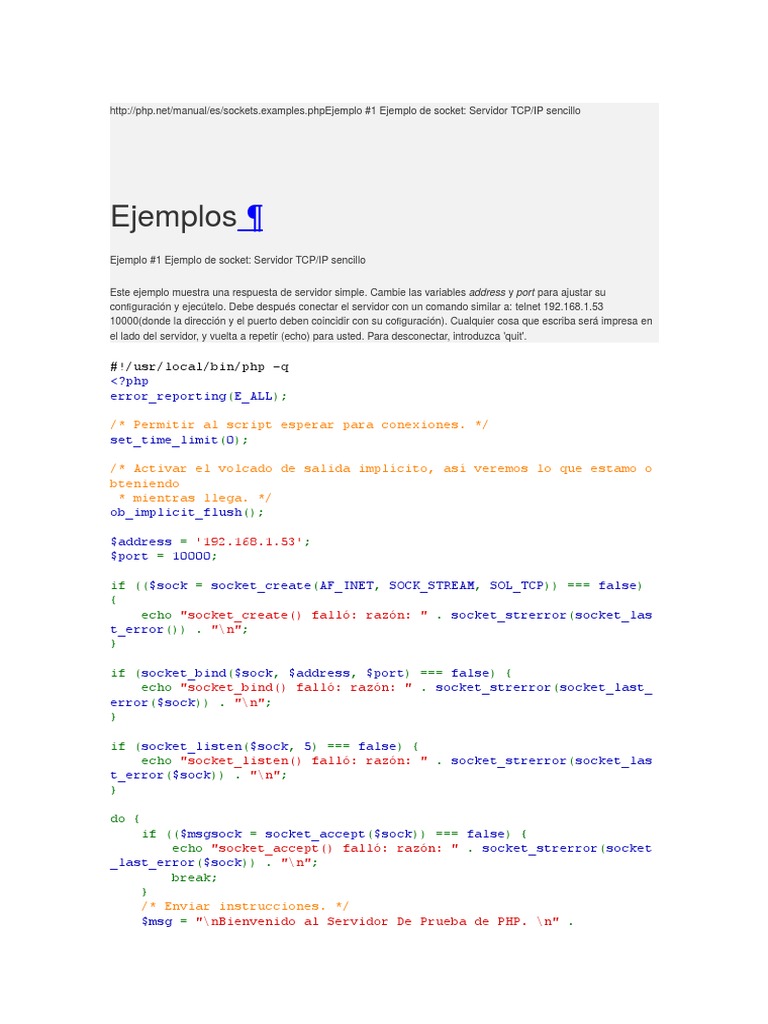Ejemplo SockEjemplo Socket PHP - Docxet PHP | PDF | Zócalo de red ...