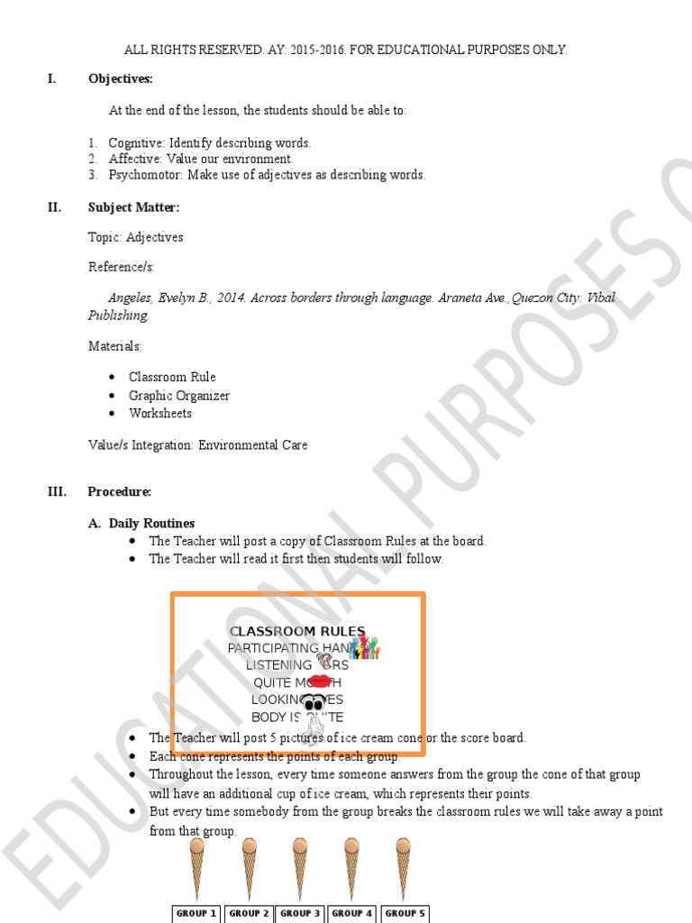 English Semi Detailed Lesson Plan Adjectives As Describing Words Docx Adjective Noun