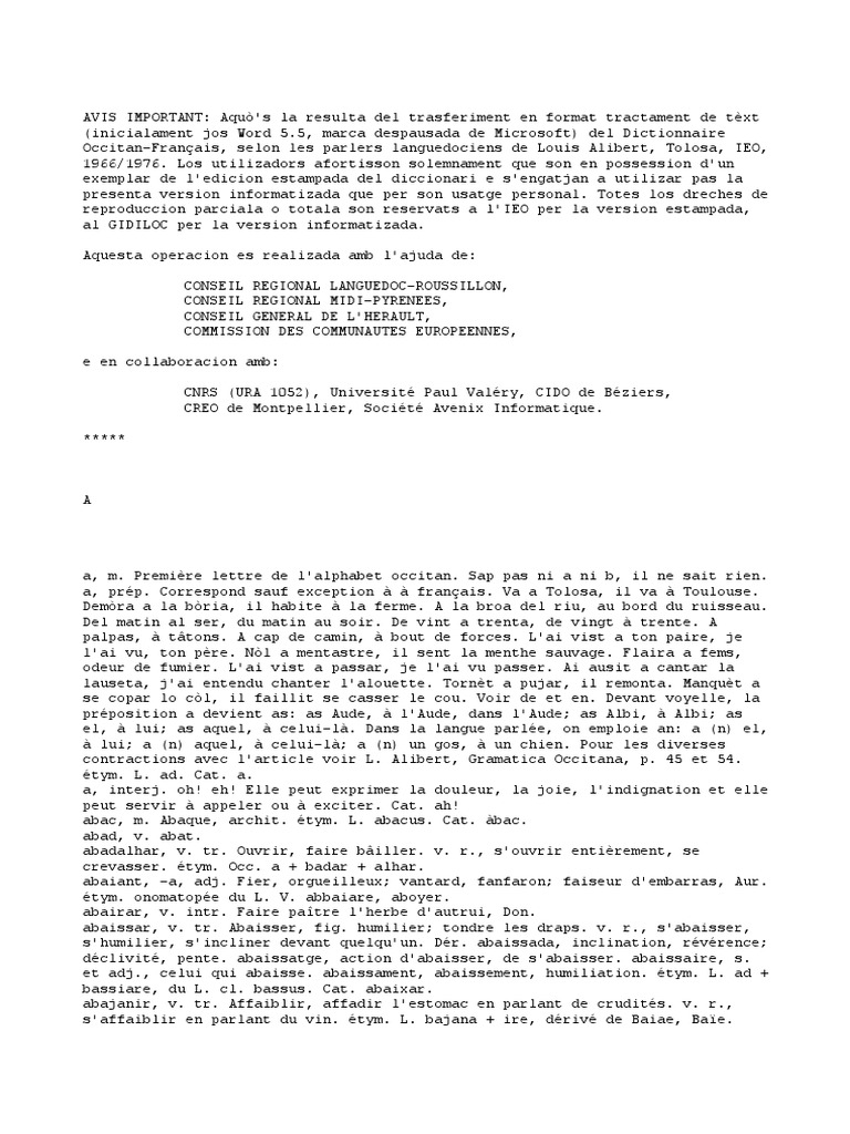 Dictionnaire Occitan Francais Selon Les Parlers Languedociens Pdf La Nature