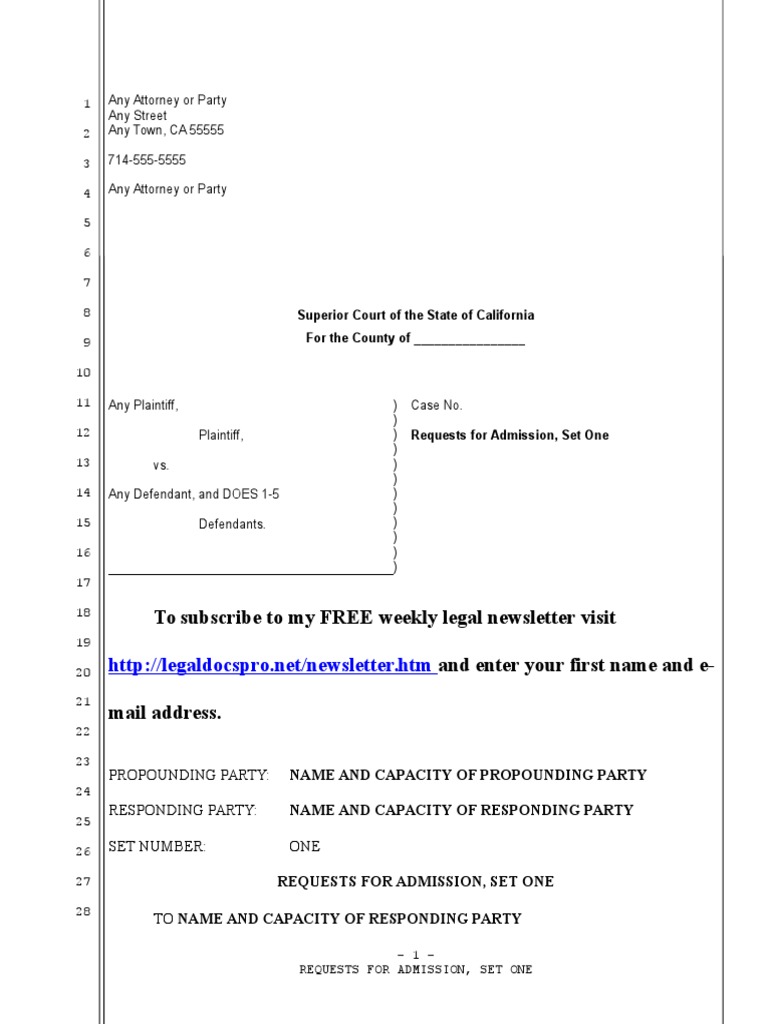 Sample Requests for Admission for California Legal Procedure Lawsuit