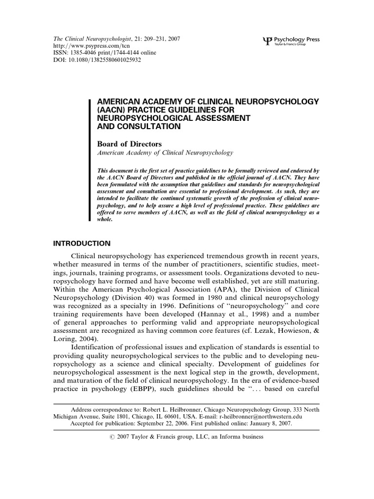 AACNAmerican Academy of Clinical NeuropsychologyPractice Guidelines