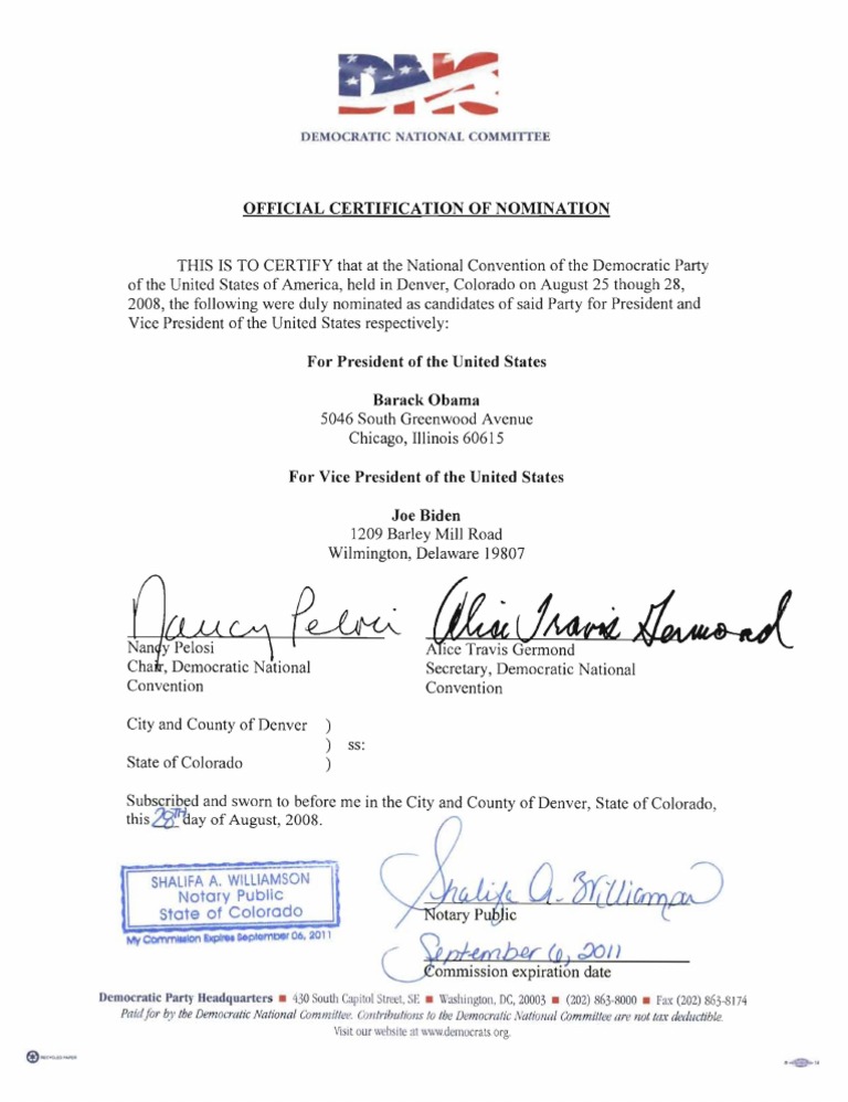 2008 DNC Presidential nomination certificate without constitutionally