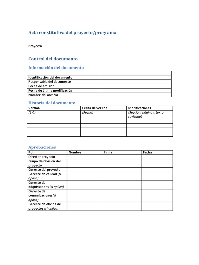 Modelo de Acta de Constitucion Del Proyecto PDF | PDF | Planificación ...