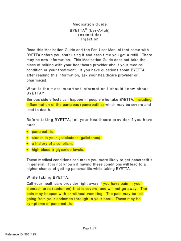 Medication Guide Byetta (Exenatide) Injection Reference ID 3031125