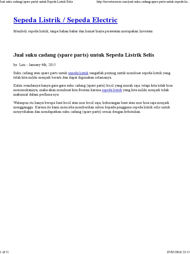 Jual Suku  Cadang  Spare Parts Untuk Sepeda  Listrik  Selis