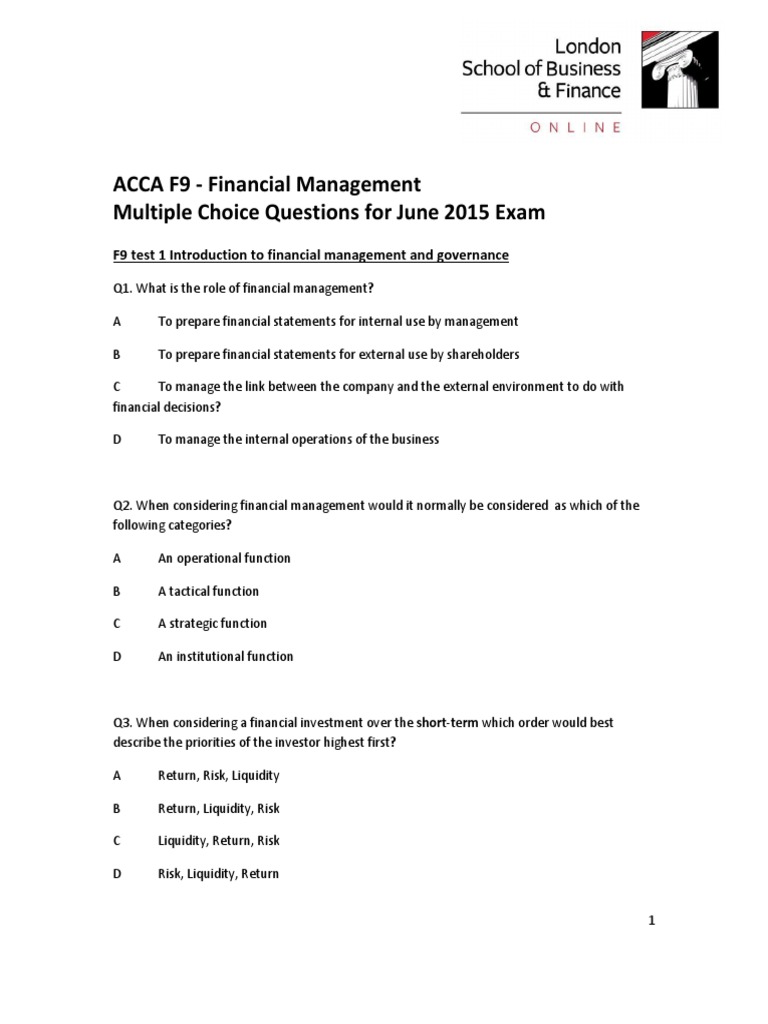 ACCA F9 - Financial Management Multiple Choice Questions | PDF | Stocks ...