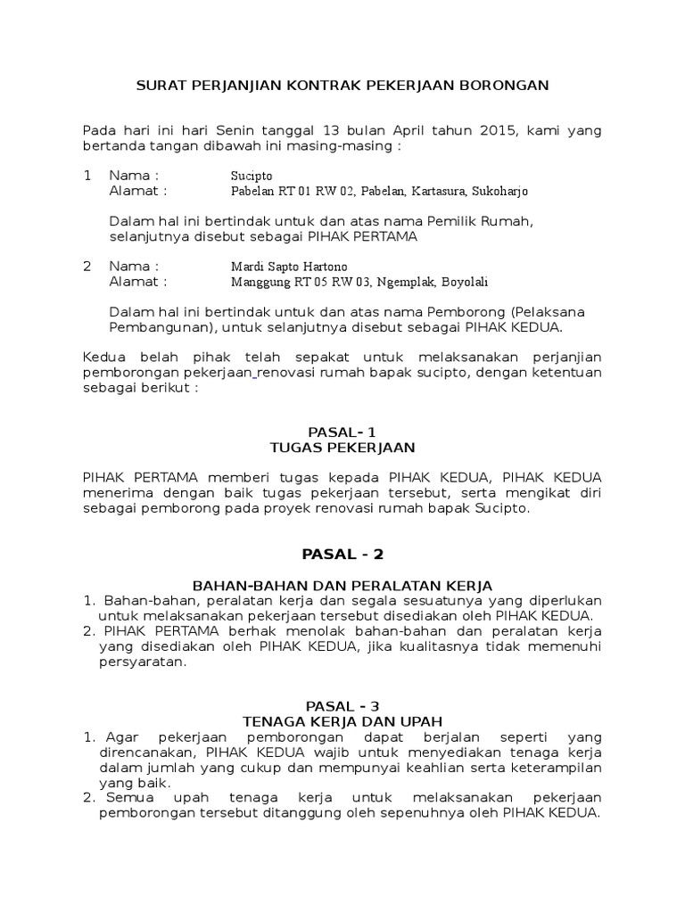 Surat Perjanjian Kontrak Pekerjaan Borongan Contoh Surat Perjanjian Kontrak Kerja Pembangunan Rumah Borongan.