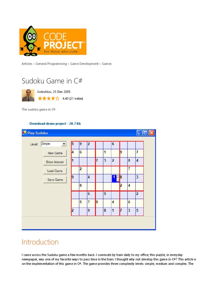 Sudoku Game in C Articles » General Programming » Game Development