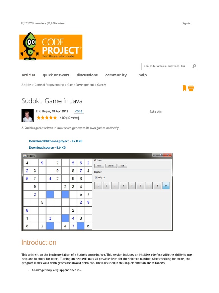 Sudoku Game in Java - CodeProject PDF | PDF | Integer (Computer Science ...