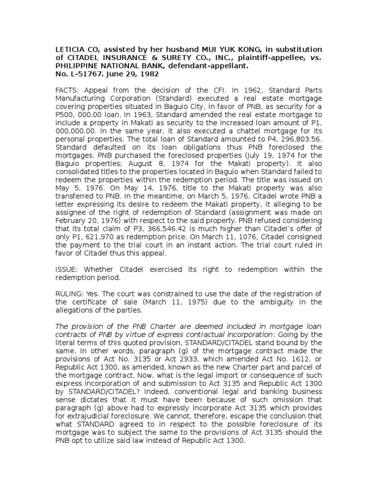 PNB vs Citadel Insurance Right to Redeem Foreclosed Property Within