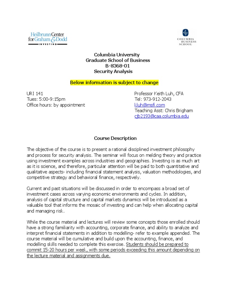 Columbia Business Security Analysis Course | PDF | Investing ...