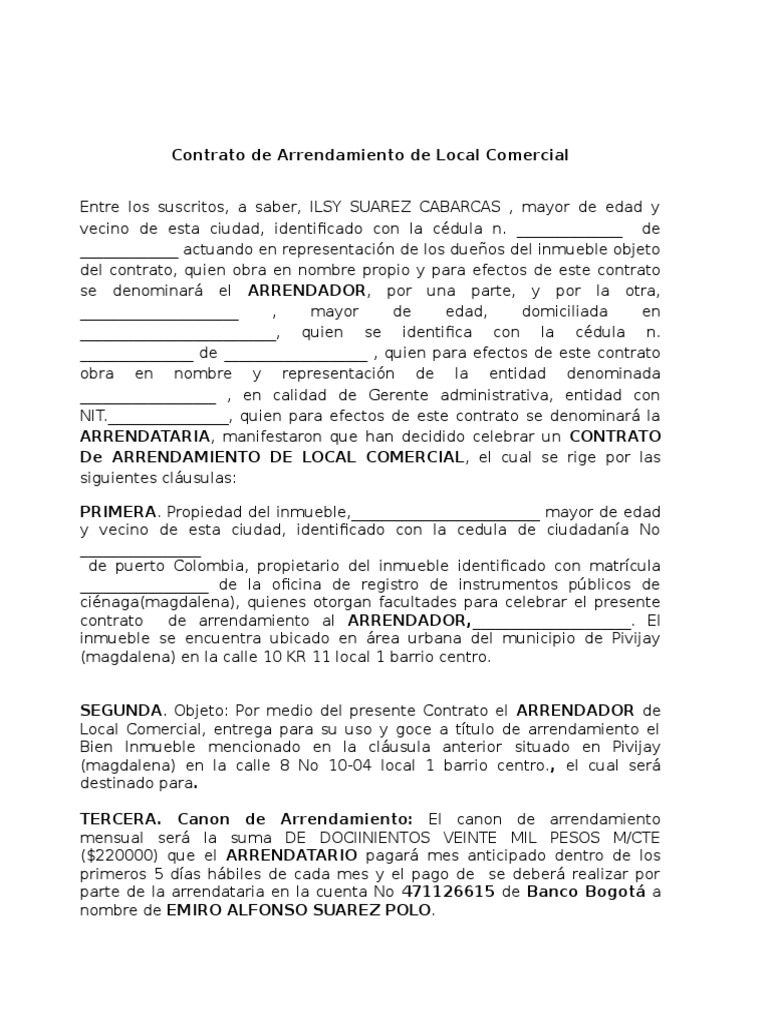 ejemplo Contrato de Arrendamiento de Locales Comerciales Alquiler Pagos