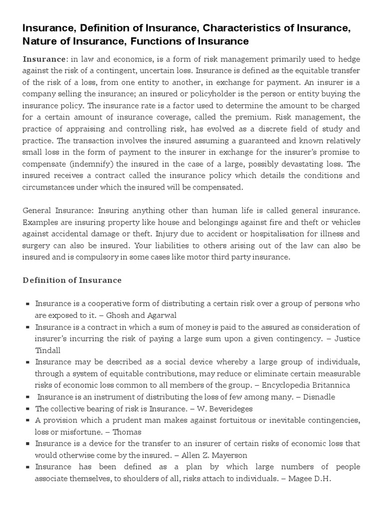 Insurance, Definition of Insurance PDF Insurance Private Law