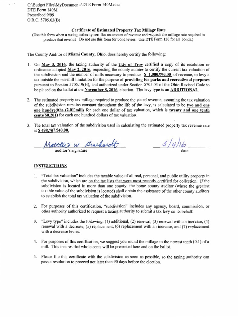Certificate of Estimated Property Tax Millage Rate Property Tax