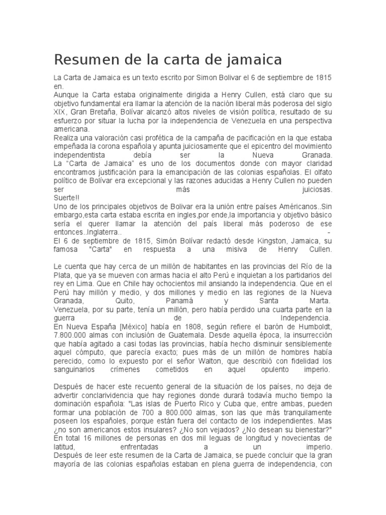 Resumen de La Carta de Jamaica  Imperio español 