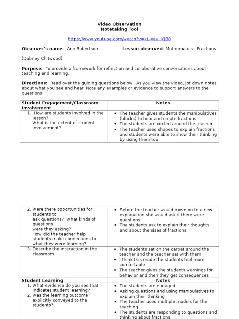 Video Observation | PDF | Fraction (Mathematics) | Classroom