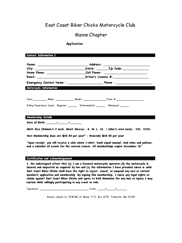 East Coast Biker Chicks Motorcycle Club Maine Chapter: Application ...