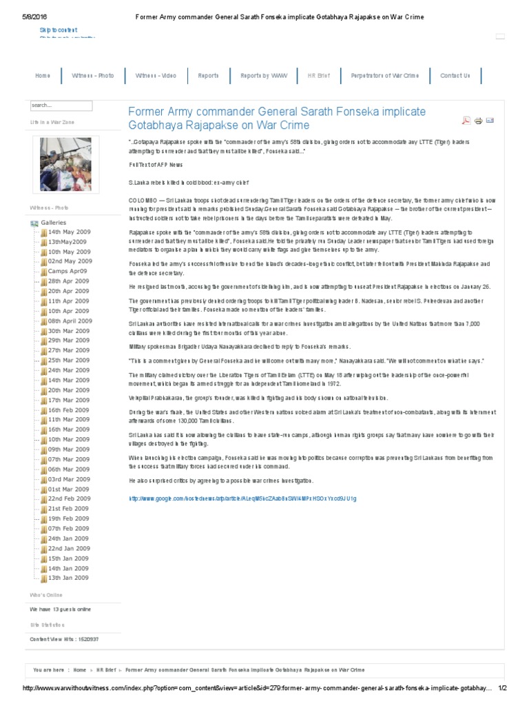 Former Army Commander General Sarath Fonseka Implicate Gotabhaya ...
