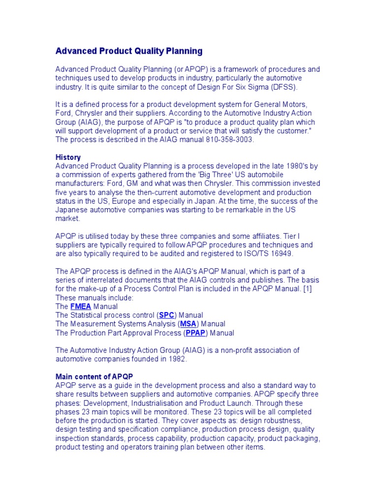 Advanced Product Quality Planning Overview | PDF | Production And ...