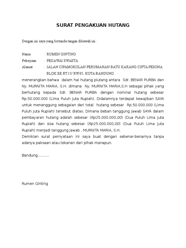 Surat Pengakuan Hutang Pdf