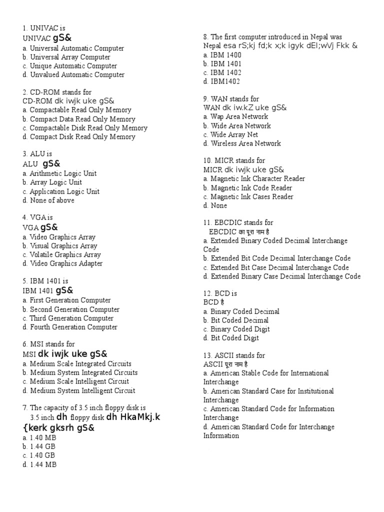 Fundamentals MCQ Computer Data Storage Random Access Memory