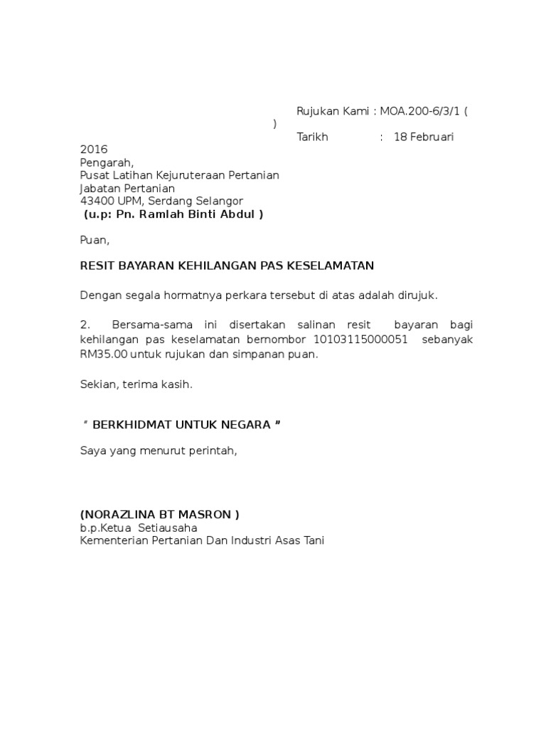 Contoh Surat Pas Hilang Jabatan Pertanian