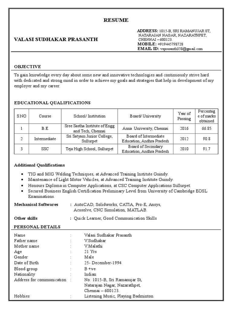 Valasi Sudhakar Prasanth: Resume | PDF | Career & Growth | Business