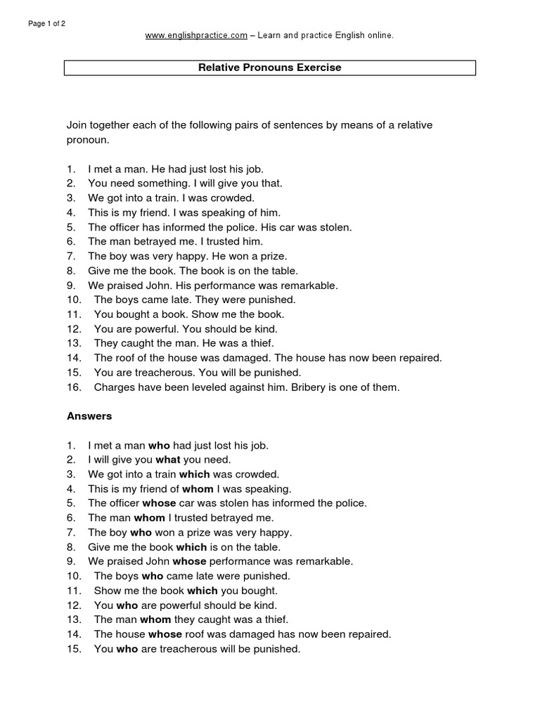 Relative Pronouns Exercise Pdf