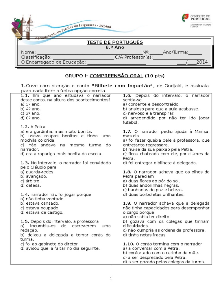 Teste Portugues 8º Ano | PDF | Poesia | Palavra
