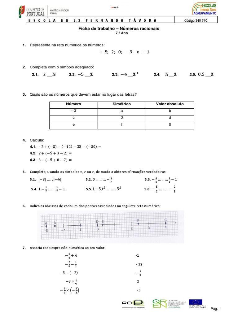 Exercícios de Números Racionais 7º Ano | PDF