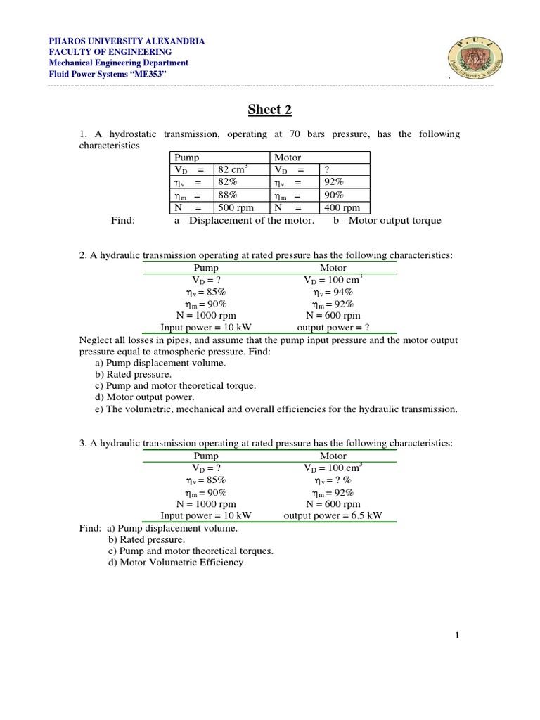 Fluid Power Systems Sheet 2 Pdf Pump Engines