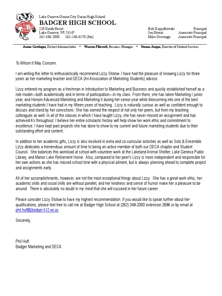Lizzy Stolow Recommendation Letter | PDF | Teachers | Behavior Modification
