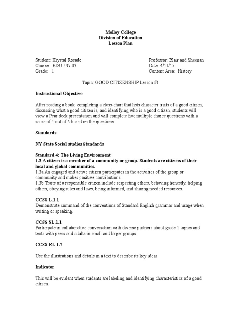 Edu 537 Final Lesson Plan Good Citizenship Citizenship Lesson Plan