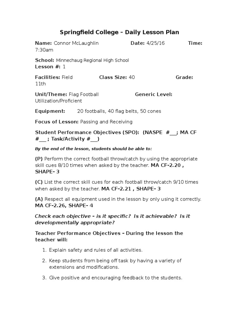 pe practicum hs lesson plan 1 flag football pass and recieve Finger Lesson Plan