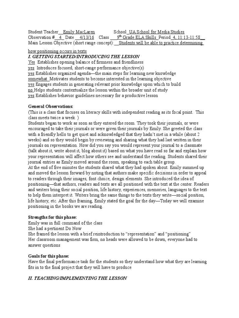 Observation 4 Emily Maclaren | PDF | Educational Assessment | Learning