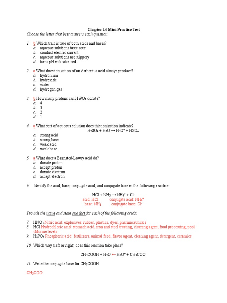 Acid-Base Practice Test Questions | PDF