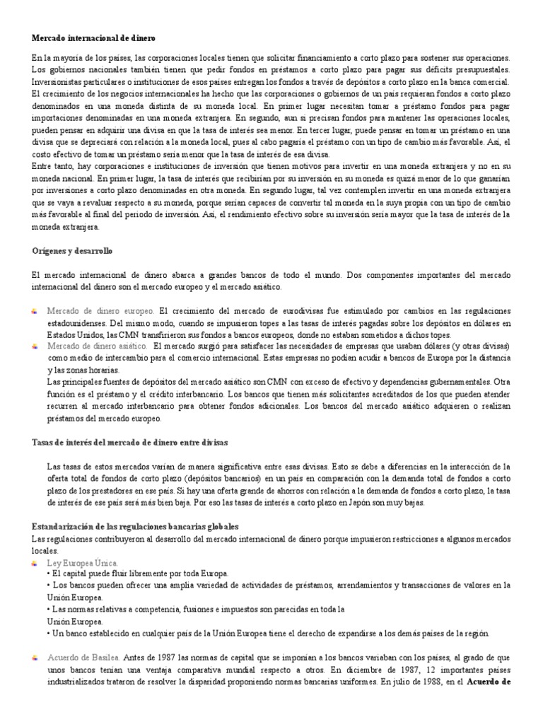 Mercado Internacional de Dinero Resumen | PDF | Tasas de interés | Bancos