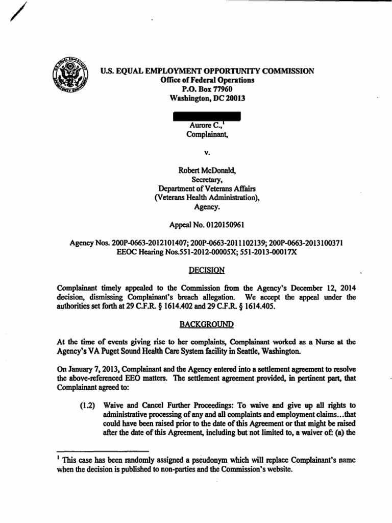 Aurore C EEOC Settlement Breach Case Equal Employment Opportunity