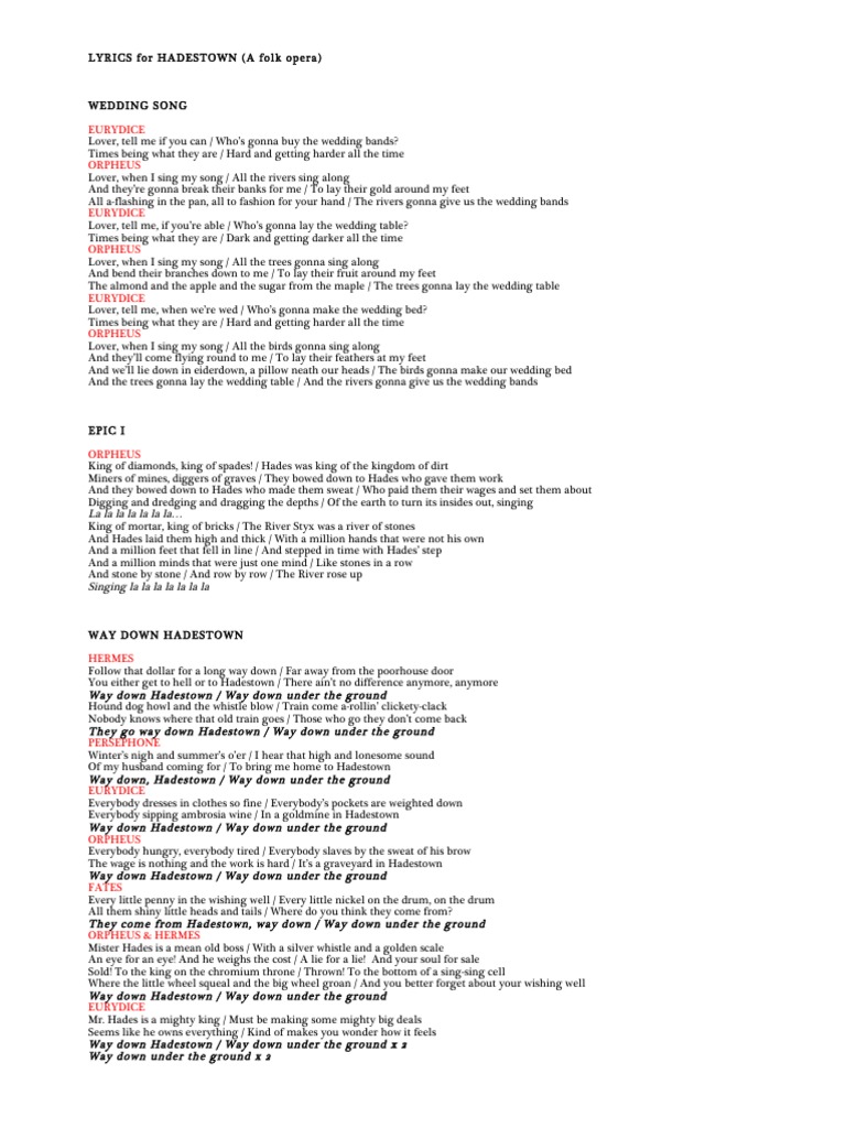 Hadestown Lyrics and Wedding Song PDF Nature