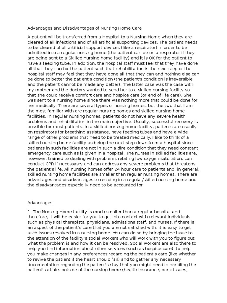 Advantages and Disadvantages of Nursing Home Care PDF Nursing Home