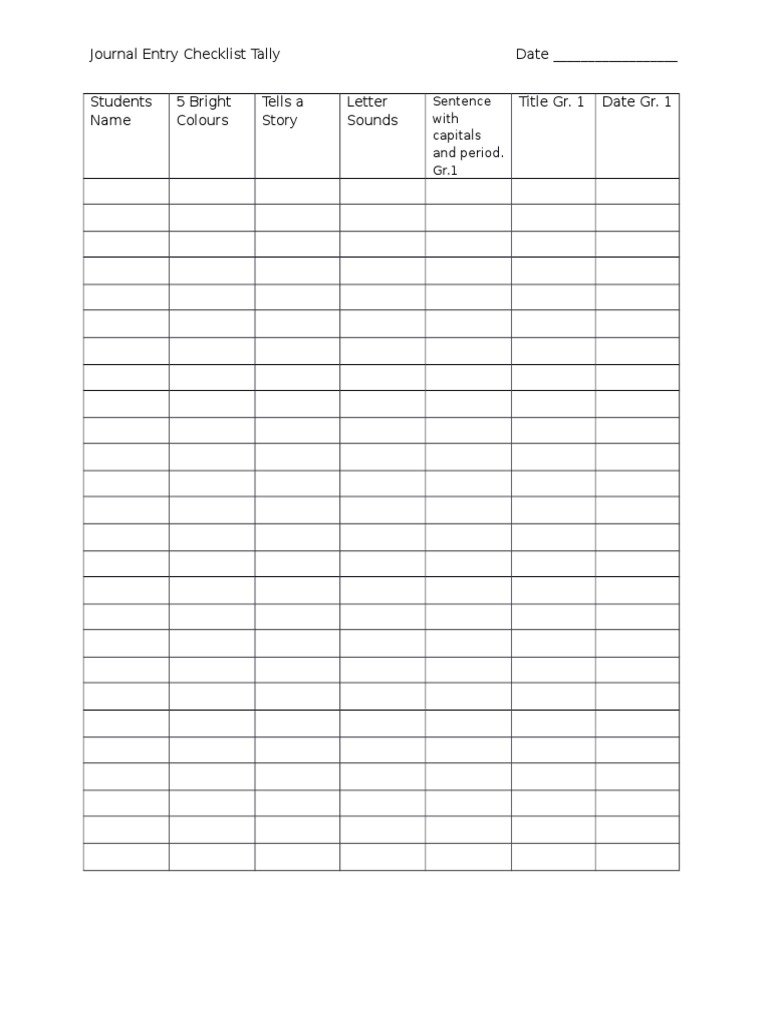 Grade 1 Journal Entry Checklist | PDF