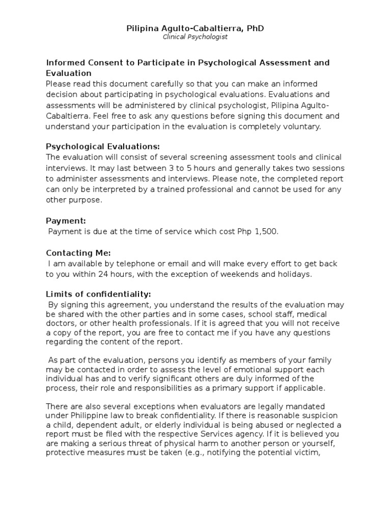 Informed consent to participate in psychological assessment and evaluation  | pdf | psychological evaluation | psychotherapy