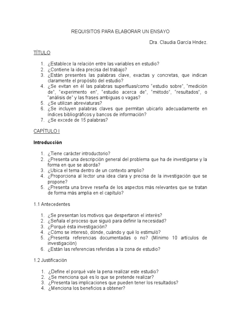 Requisitos Para Elaborar Un Ensayo Ensayos Teoría