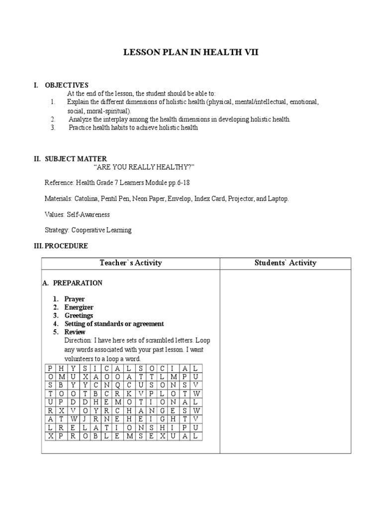 Lesson Plan In Health Vii Mental Health Epistemology