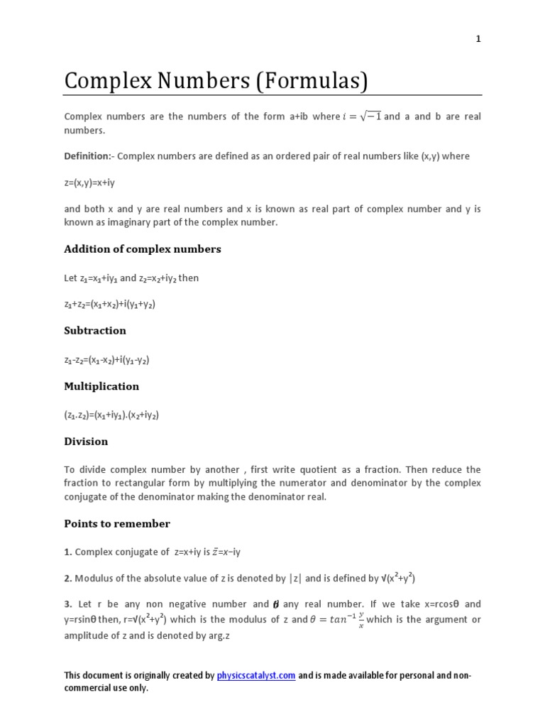 Complex Numbers: Definitions and Formulas | PDF