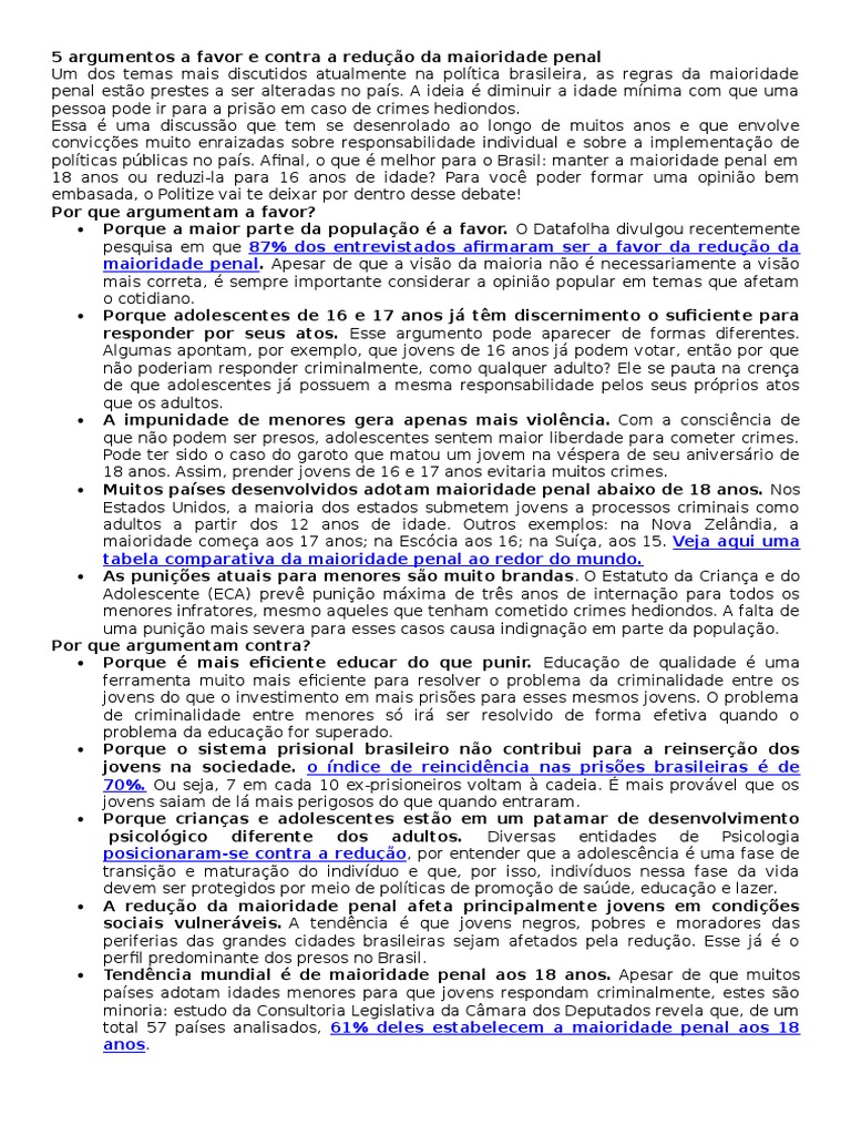Argumentos A Favor Da Redução Da Maioridade Penal Brainly