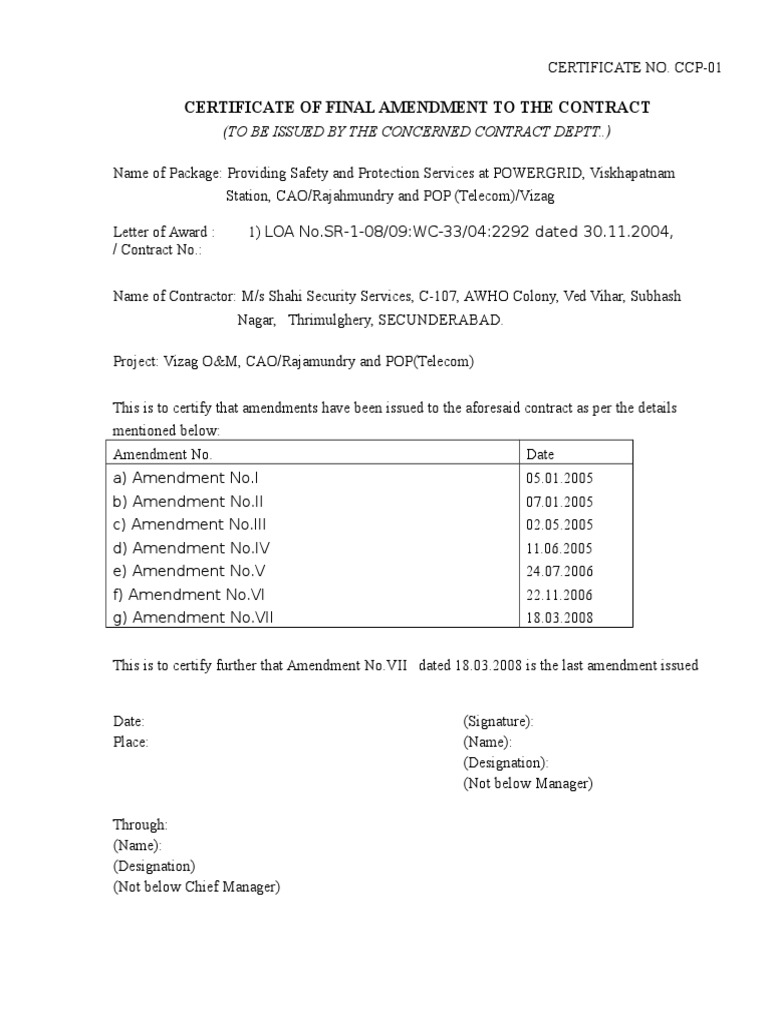 Certificate of Final Amendment To The Contract | PDF