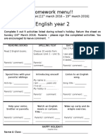 English Year 2: Homework Menu!!